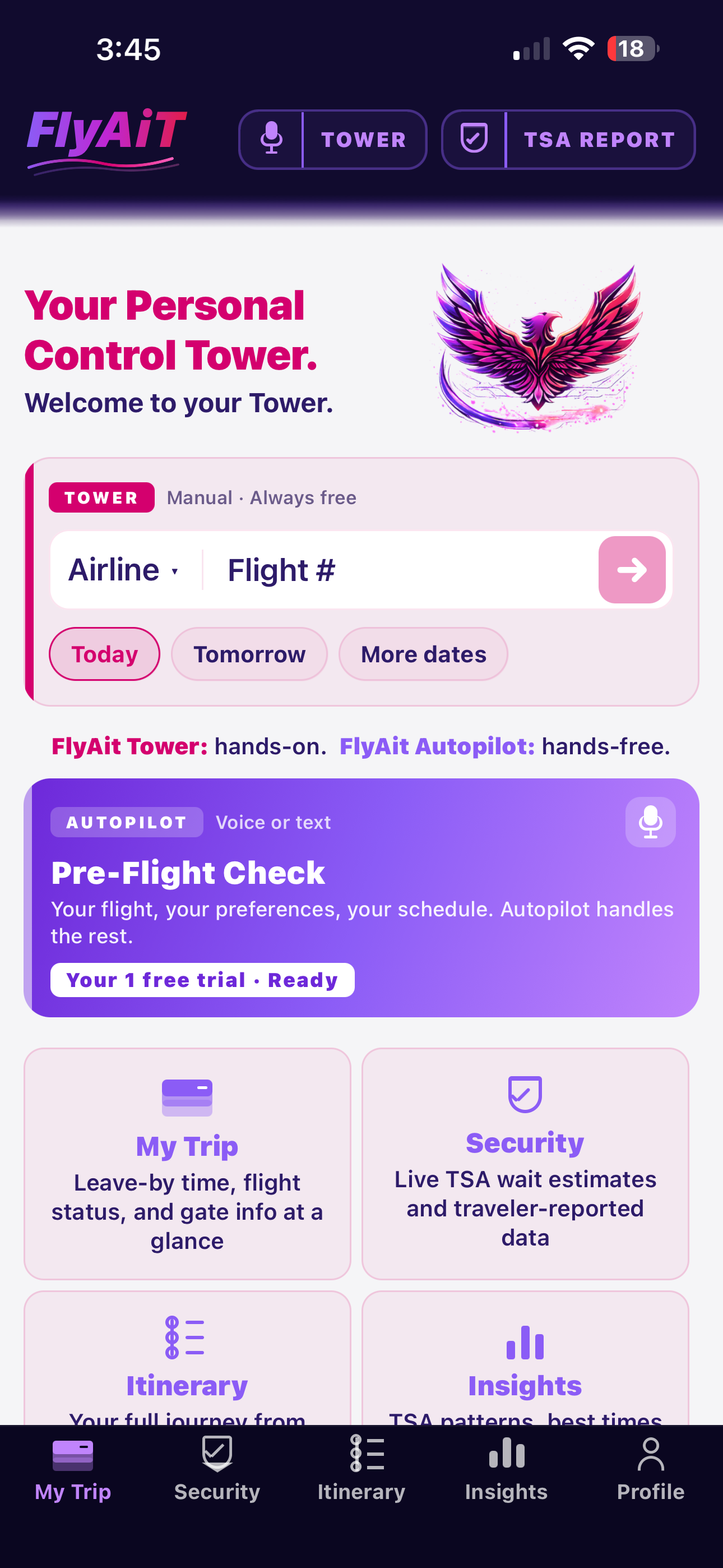 FlyAit iPhone app showing the My Trip tab welcome screen. Your Personal Control Tower headline with FlyAit eagle, airline and flight number search, Pre-Flight Check card with voice planning, and quick-access cards for My Trip, Security, Itinerary, and Insights.